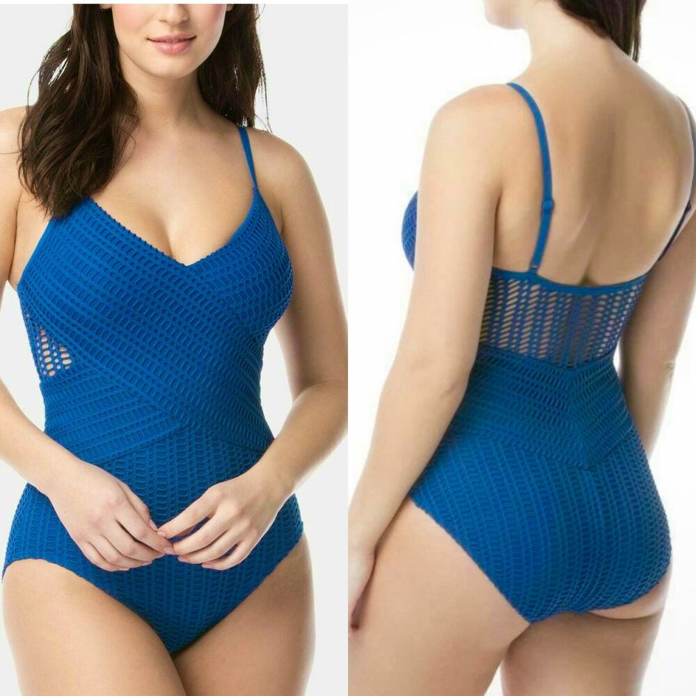 NEW Coco Reef Contours Royal Blue V-Neck Crochet One-Piece Swimsuit Size 10 /34C